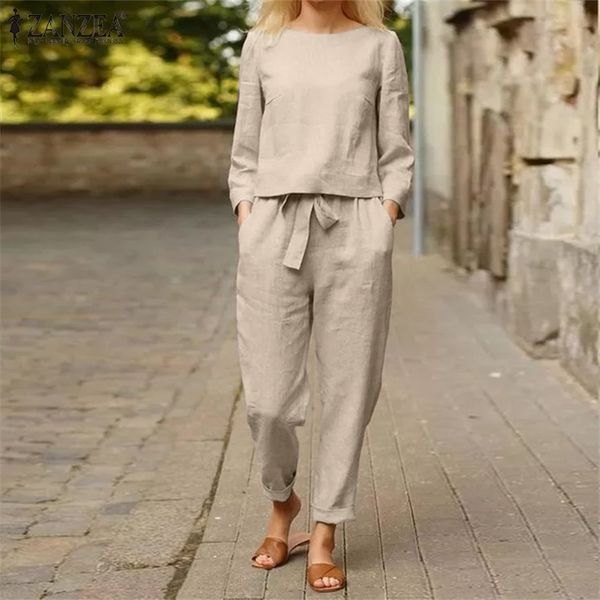 

women's two piece pants zanzea women stylish solid suits autumn casual long sleeve blouse 2pcs female elastic waist long pants matching, White