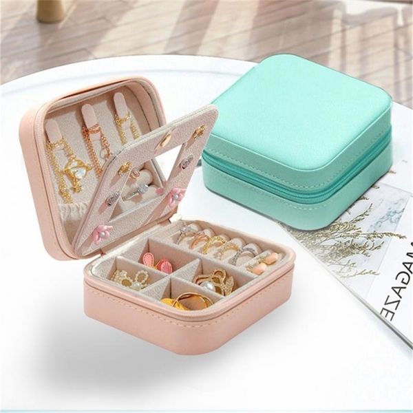 

jewelry boxes portable leather box candy color travel storage upgrade with mirror earrings rings display organizer mother's day gift 22, Black;white