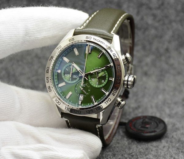 

high grade watch 44mm quartz vk chronograph battery power mens watches stainless steel bracelet 5n green dial leather strap floding clasp