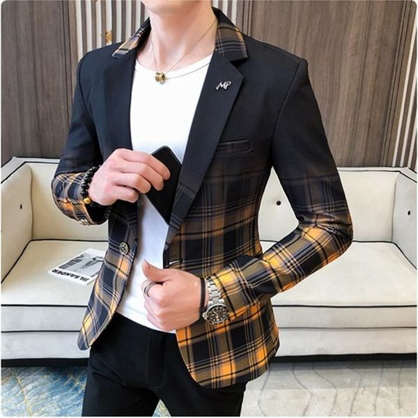 

men's suits blazers spring plaid blazer fashion business casual slim suit jacket large size banquet wedding party club dress 220913, White;black