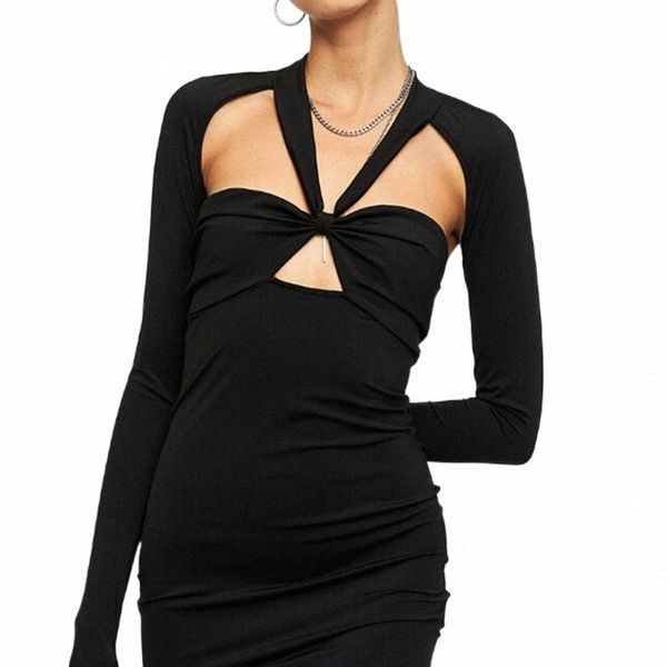 

casual dresses casual dresses ladies close-fitting solid color long-sleeved hollow deep v-neck 2022 autumn high street simple blue and black, Black;gray