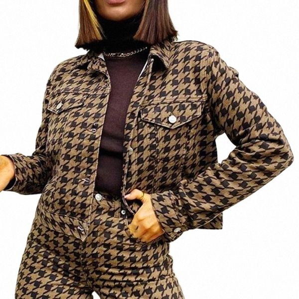 

women's jackets women's jackets stylish women houndstooth cropped jacket pocket button turn down collar long sleeve coat autumn wi, Black;brown