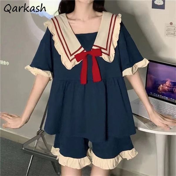 

women's sleepwear pajama sets women blue princess style ins sweet ruffle patchwork college half sleeve summer 2 piece pijamas kawaii al, Black;red