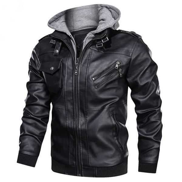 

men's leather faux motorcycle jacket autumn winter fashion windbreaker homme hooded outwear warm biker pu jackets eu size 3xl 220913, Black