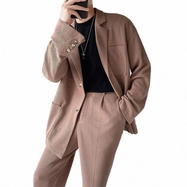 

men's suits & blazers men's suits & blazers men waffle plaid loose casual suit jacket pant korean japanese streetwear vintage fash, White;black