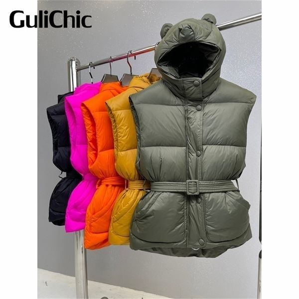 

womens down parkas 95 gulichic women street solid color ears bear hooded design winter with belt sleeveless casual coat vest 220912, Black