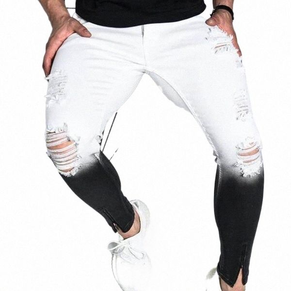 

men's pants zhuzunzhe 2022 european and american men's hole stretch elastic skinny jeans gradient color foot zipper trousers fashi, Black