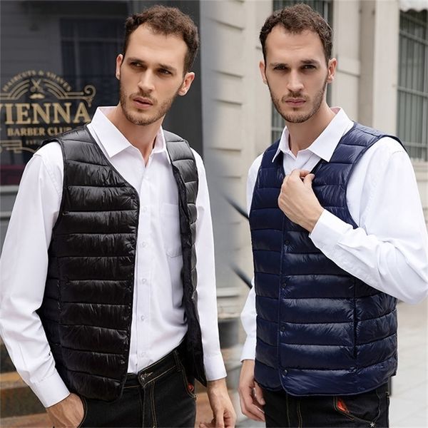

men's vests fashion ultra light down vest men spring autumn sleeveless collarless vest male casual winter white duck down waistcoat 220, Black;white