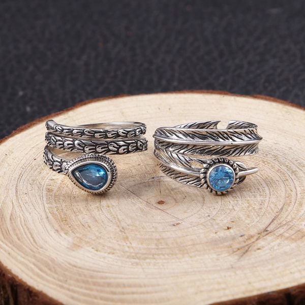 

925 Sterling Silver Adjustable Band Rings Crooked Curly Feather With stones Simple Antique Vintage Handmade Designer Luxury jewelry accessories gifts