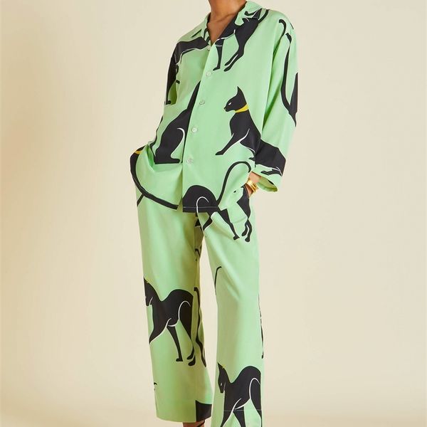 

women's sleepwear viscose cat print sleepwear women's pajamas sets casual green set 2 pieces 3/4 long sleeve pants pijamas women l, Black;red