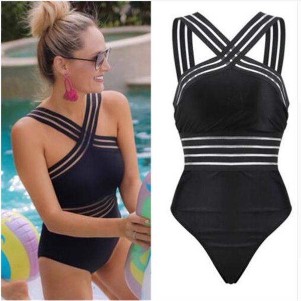 

2019 one piece swimsuit women high neck bandage cross back neck monokini black swimwear women bathing suits swimming suit227n