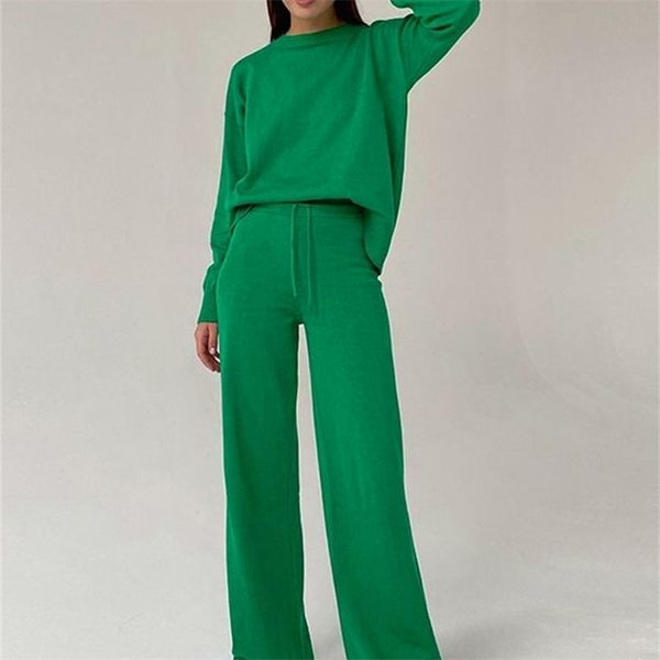 

women's two piece pants wixra women sets o-neck pullover sweaterelastic high waist drawstring wide-leg pants autumn winter casual 2-pie, White