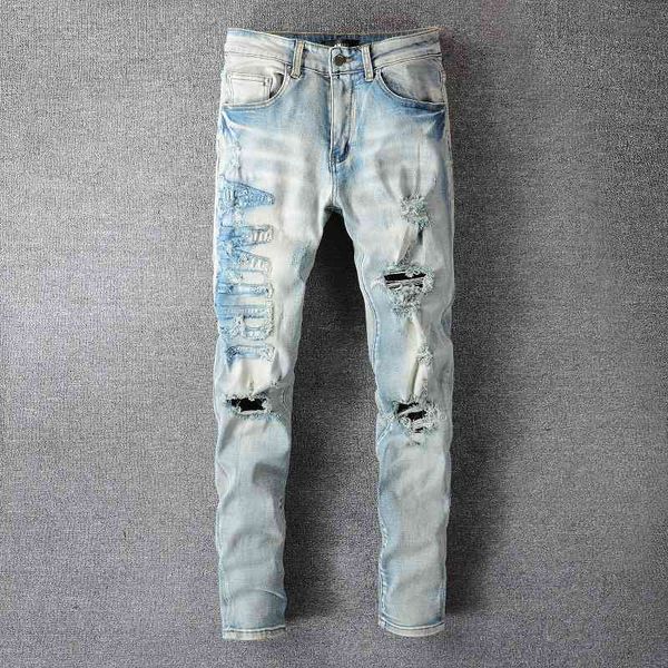 

fashion street cowboy casual pants micro elastic cotton youth light blue splash paint tight jeans anniris hole breaking patch cloth trend le