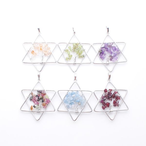 

6 colors lot tree of life pendants natural chips stone 7 chakra reiki five ppointed star metal merkaba jewelry bn394, Silver