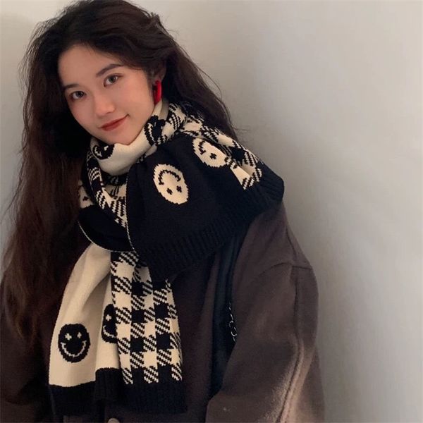 

scarves wool knitted scarf doublesided smiley face women's winter white and black foulard shawl for female 220913, Blue;gray