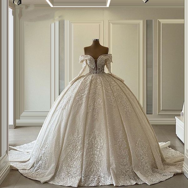 

luxury ball gown wedding dresses deep v neck long sleeve off shoulder sequins appliques appliques lace ruffles floor length bridal gowns plu, White