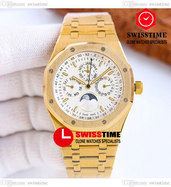 

hwf 26574 complicated function a5134 automatic mens watch 41 yellow gold white texture dial stick moon phase stainless steel bracelet super, Slivery;brown