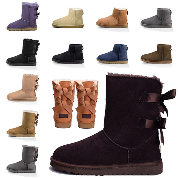 

women winter booties designer boots girl classic snow boot ankle short bow mini fur black chestnut pink bowtie womens shoes size 5-10 luxury