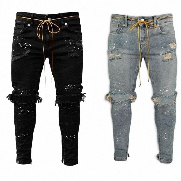 

men's pants men's pants men jeans 2022 stretch destroyed ripped paint point design fashion ankle zipper skinny for streetwear p5wp, Black