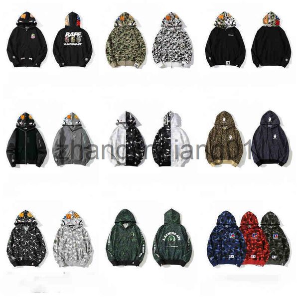 

designer zip up bapesta shark hoodie luxury autumn and winter hip hop autumn winter new male and female cardigan zipper camouflage hoode, Black