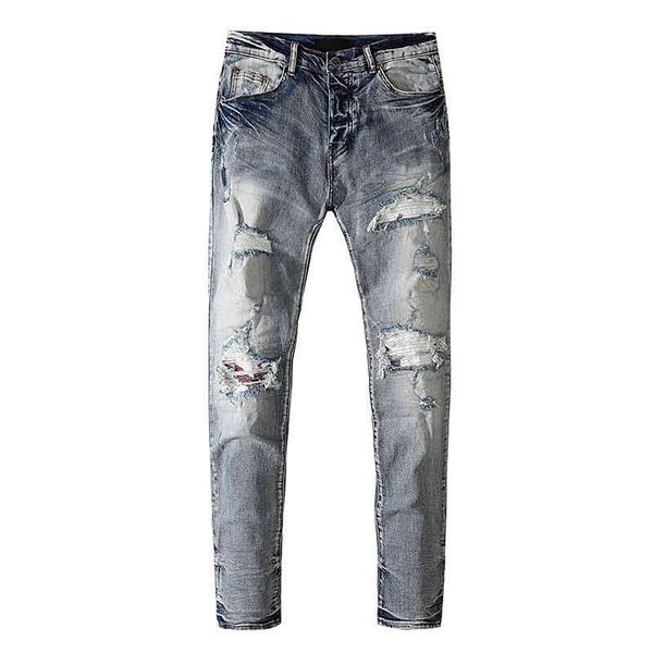 

fashion street cowboy casual pants micro elastic cotton youth light blue splash paint tight jeans anniris hole breaking patch cloth trend le