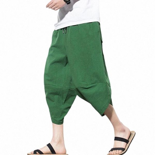 

men's pants men cotton linen herem pants casual pockets calf length hip hop style sports lantern drawstring cropped trousers men's, Black