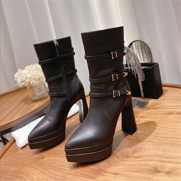 

super high heel platform half boots side zip chunky heel pointed boots sizes 35-39, Black
