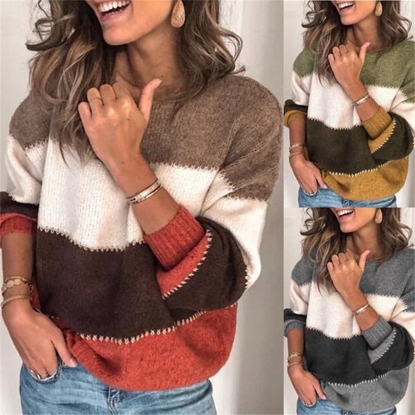 

women's knits tees loose autumn winter striped sweater women pullover plus size womens s oversized color block jumper 220912, White