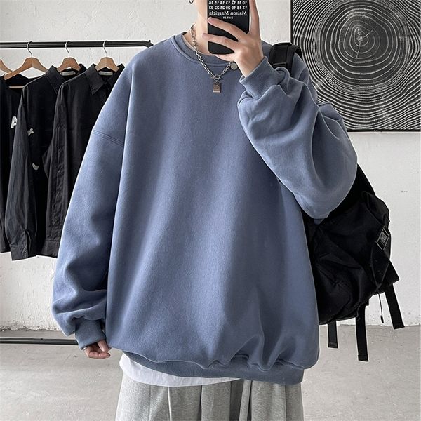 

men s hoodies sweatshirts harajuku autumn korean solid color fleece oversized pullovers casual o neck basic hip hop streetwear 220913, Black