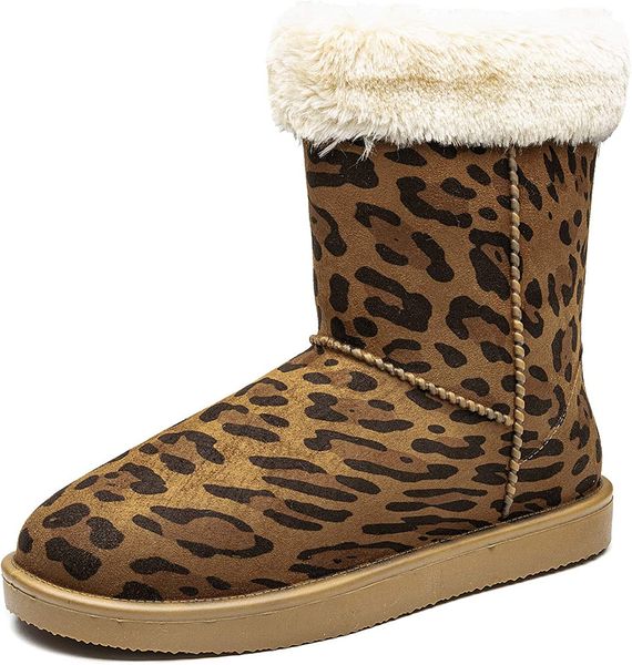 

leopard print ladies classic waterproof snow boots fashion winter mid boots, Black
