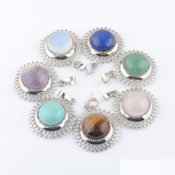 

pendant necklaces fashion sun pendants round cabochon stone tigers eye turquoise rose quartz opal aventurine amethyst lapis newdhdhbrf, Silver