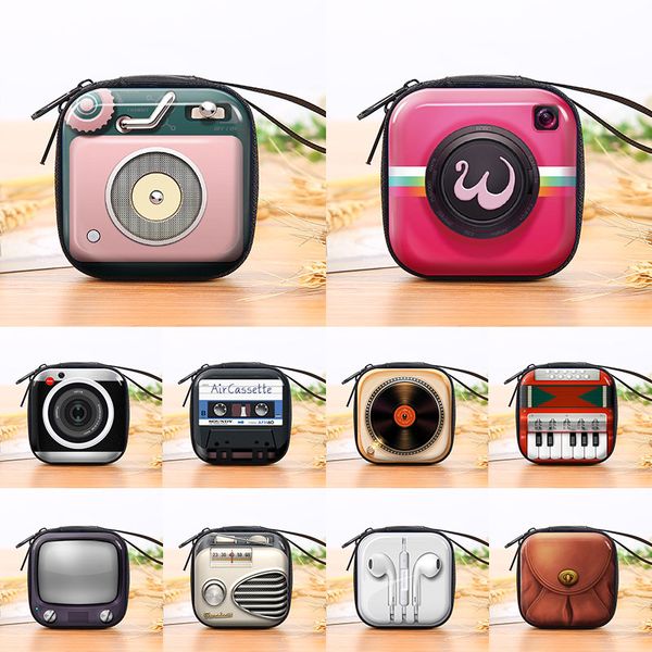 

coin purses mini wallet card retro record tape pattern tinplate key case headphone bag coin purse storage box earphone pocket, Red;black