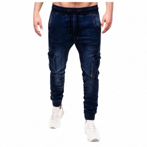 

men's pants casual pants loose elastic waist denim jeans men pocket midweight straight full length polyester trousers d231 97bd#, Black