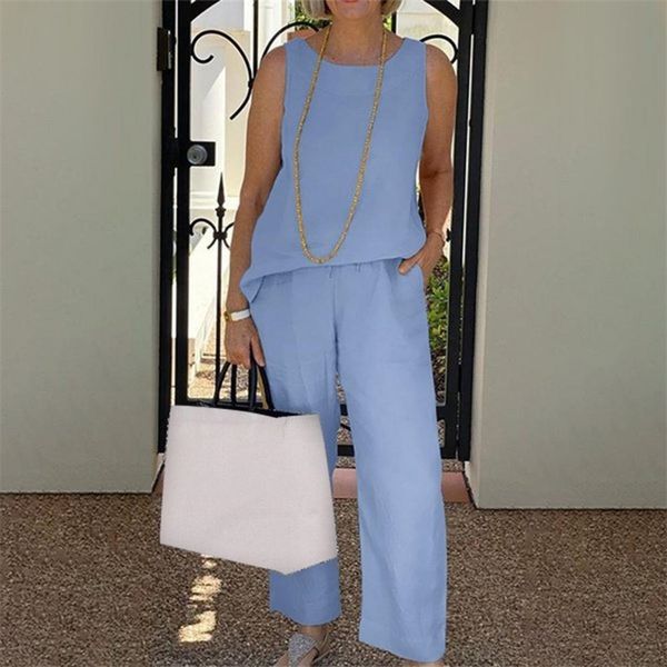 

women's two piece pants 1 set vest pants o necks pockets pure color loose-fitting t-shirt pants drawstring crew neck summer women outfi, White