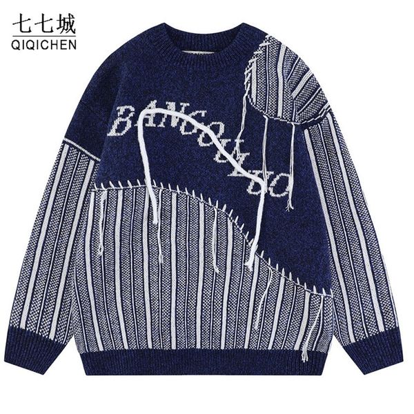 

mens sweaters autumn mens vintage knitted sweaters hip hop striped patchwork winter jumper streetwear harajuku fashion casual pullover winte, White;black