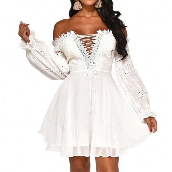 

casual dresses off shoulder lace up women's short dress hollow out flare long sleeve female white mini 2021 autumn party vestidos o1c2#, Black;gray