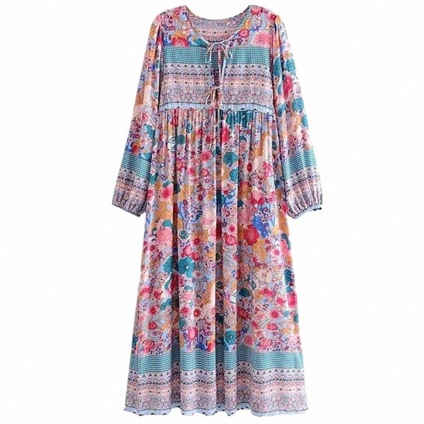 

casual dresses boho floral print long sleeve dress women plus size v-neck tassle bohemian rayon fall 2021 autumn party wear o8en#, Black;gray