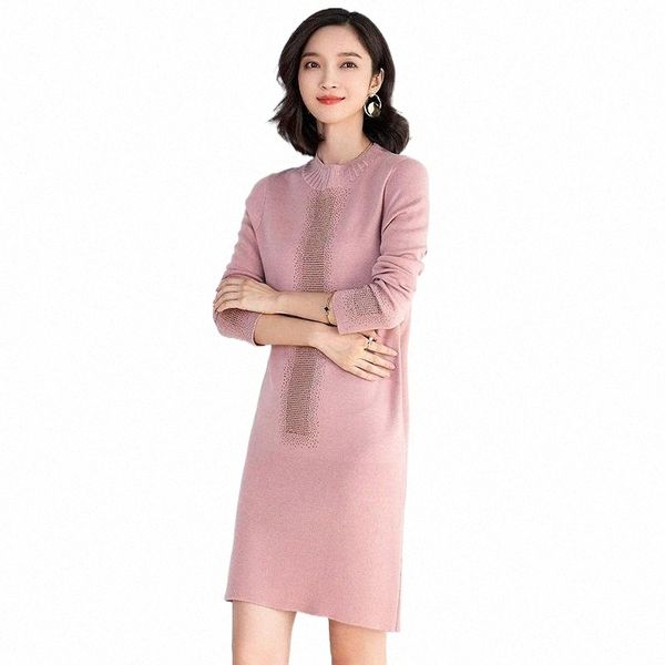

casual dresses women autumn wool sweater dress elegant beading lady knit pullovers b0ww#, Black;gray