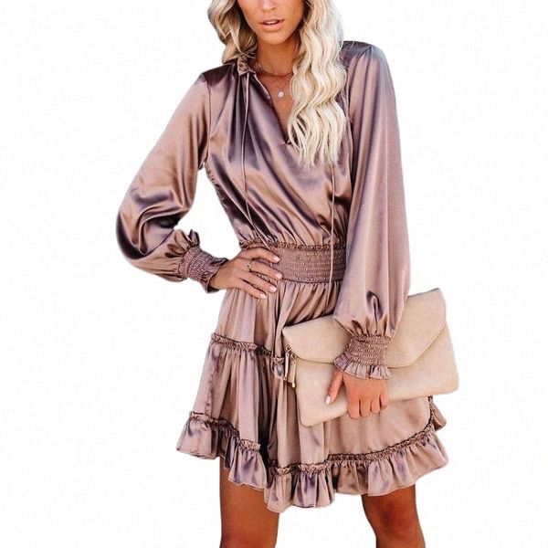 

casual dresses 2021 autumn temperament v-neck solid color long-sleeved waist stitching dress ladies spring retro ruffled a-line party 50lg#, Black;gray