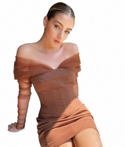 

casual dresses women winter off shoulder mesh brown bodycon dress 2021 elegant evening party club vestidos 56wj#, Black;gray
