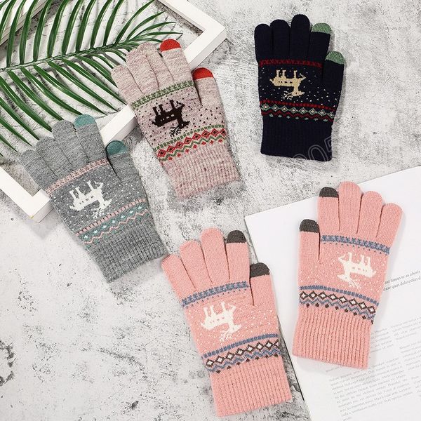 

jacquard warm fawn gloves women touch screen mittens lady winter knitted full finger gloves female christmas mitten, Blue;gray