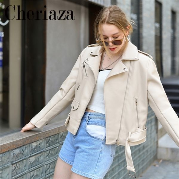 

women's jackets spring autumn faux leather classic jacket casual long sleeves belt decoration zipper solid color female 220913, Black;brown