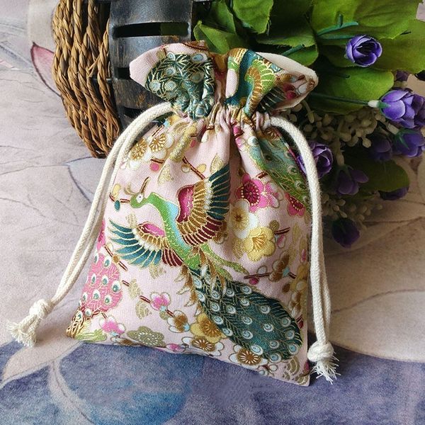 

10pcs natural cotton drawstring jewelry bag gift pouches chinese printed small cloth storage bag high end carry packaging pouch with lined 1, Pink;blue