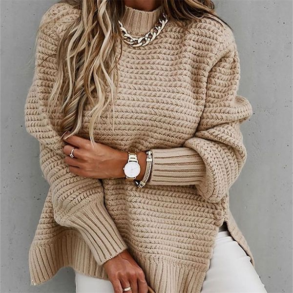 

women s knits tees autumn winter women knitted sweater mock neck casual loose basic pullovers warm elegant solid batwing sleeve side split, White