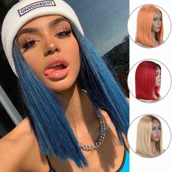 

synthetic wigs rebecca silky straight short bob lace front human hair wigs for women ombre bule blonde pink color middle part ombre lace wig, Black