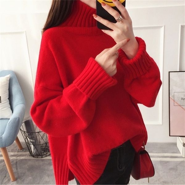 

women s knits tees autumn winter high neck knitting sweater pullover female loose version set thick warm shirt long sleeves red clothes 2209, White