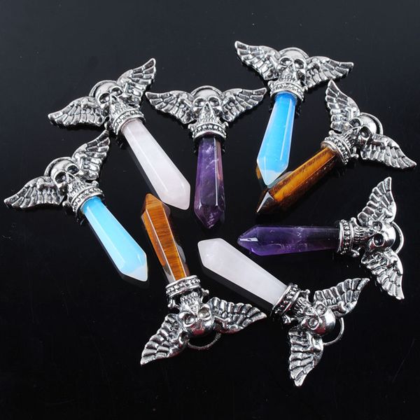 

skull wings pendant pendulum jewelry natural stone amethyst opal etc crystal pendant silver plated charms fashion mens jewelrybn320