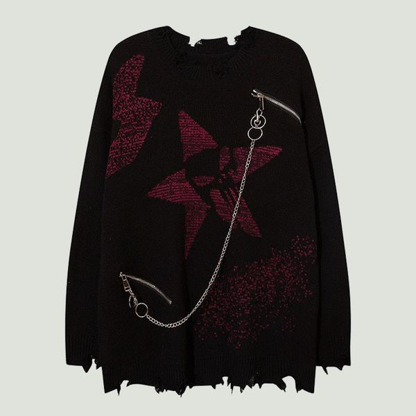 

men s sweaters streetwear knitting men harajuku irregular ripped skeleton zipper chain jumper hip hop oversized casual pullover 220913, White;black