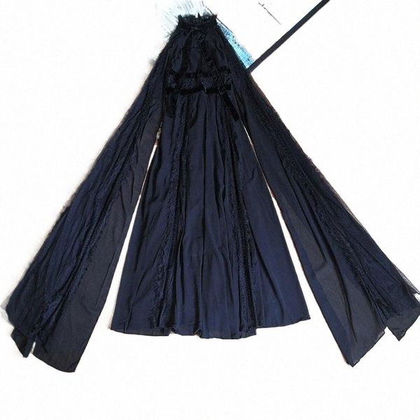 

casual dresses verdejuliay designer fashion black dress runway cloak sleeve mesh lace patchwork velvet bow split party holiday d2z3#, Black;gray
