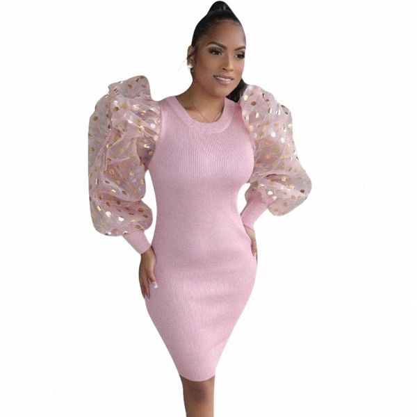 

casual dresses 2021 knit ribbed polka dot puff sleeve sweater dress women spring o-neck sheath slim elegant vintage party bodycon l1op#, Black;gray
